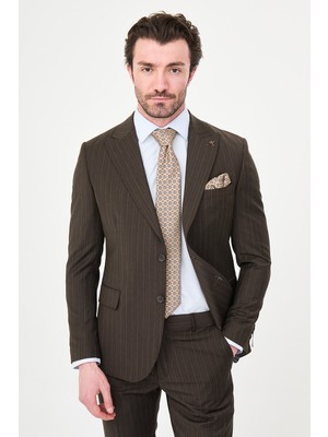 MCR Çizgili Slim Fit Geniş Yaka Premium Yün Erkek Takım Elbise