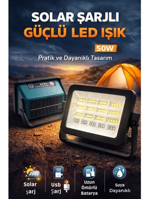 Wair Teknoloji 50W Ultra Güçlü Solar LED Projektör 6500K Taşınabilir Kamp ve Acil Durum Lambası