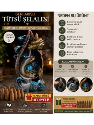 Tedi Sanat Lüks Altın Ejderha Tasarımlı Şelale Tütsülük – Geri Akışlı Duman Efekti + 10 Adet Tütsü Hediyeli