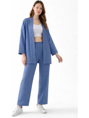 Nisanca Zen Elegance Kadın Kimono Takım - Geniş Paça Keten Dokulu Alt Üst Yazlık Kadın Takım