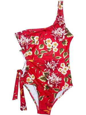 Look Me Vintage Floral Tasarım Asimetrik Kesim Büzgülü Kız Çocuk Mayo
