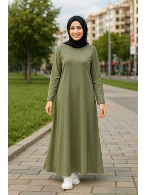 Yeşil Penye Tesettür Elbise Yan Cepli 125 cm Uzun Rahat Kesim Günlük Elbise