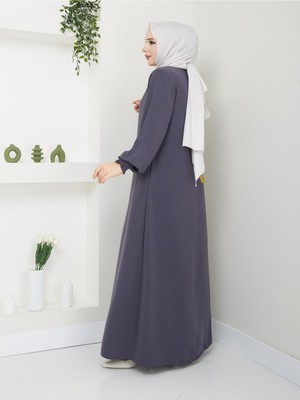 Esra Butik Kumlu Keten Uzun Gri Ferace 140 cm Tesettür Dış Giyim Ferace