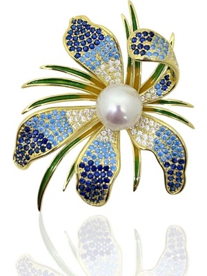 Oya Silver Mavi Zirkon Taşlı Inci Detaylı Çiçek Tasarım 24K Altın Kaplama Gümüş Broş 4.5x4 cm [OYSY252]