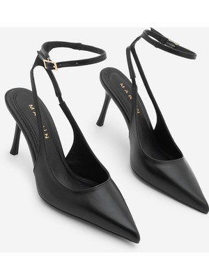 Marjin Kadın Stiletto Sivri Burun Arkası Açık Bilekten Bağlamalı Klasik Topuklu Ayakkabı Pareta Siyah