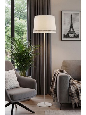 Marrien Cora Krem Metal Tek Ayaklı Lambader - Luxury Desenli Başlık 145cm Modern Salon ve Köşe Lambası