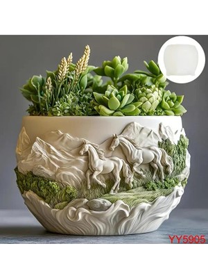 Yoyomold YY5905 Koşan Atlar Kabartmalı Yuvarlak Sukulent Saksı Silikon Kalıp