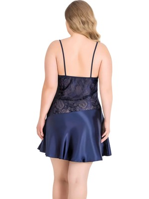 Liyuza Büyük Beden Lacivert Saten Mini Gecelik Zarif Kadın Gece Elbisesi