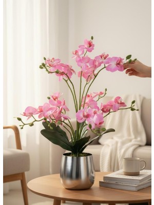 Nettenevime Yapay Çiçek Pembe 9 Dallı Islak Orkide Gümüş Metal Saksıda Saksıda Orkide 60CM