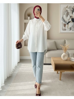 Modamorfo Taş ve Inci Işlemeli Keten Gömlek -Taş