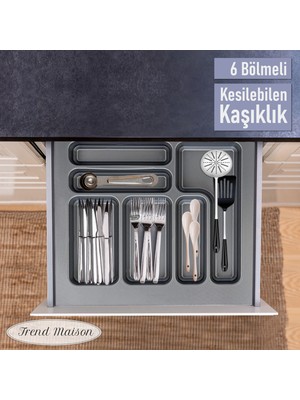 Trend Maison Mutfak Düzenleyici Kesilebilen 6 Bölmeli Plastik Çekmece Içi Kaşıklık Çatal Bıçak Organizer