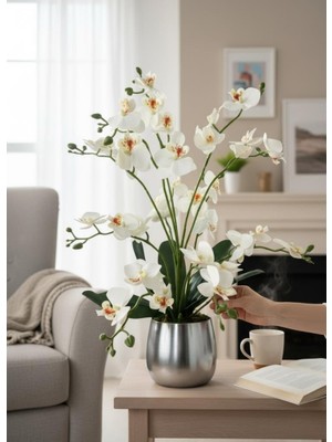 Nettenevime Yapay Çiçek Beyaz 9 Dallı Islak Orkide Gümüş Metal Saksıda Saksıda Orkide 60CM
