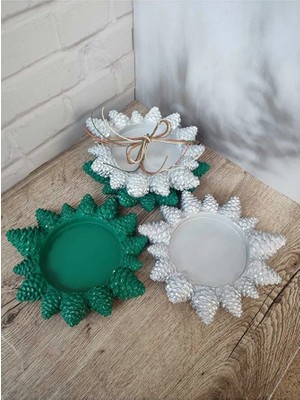 Yoyomold Kozalak Desenli Yeşil Gümüş 2 Parça Takı Tabağı-Sunumluk-Tasarım Biblo