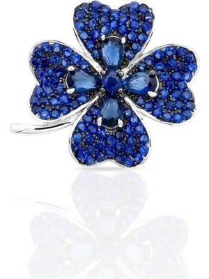 Oya Silver Lacivert Safir Zirkon Taşlı Yonca Gümüş Broş 2.5x2.5 cm [OYSY243]
