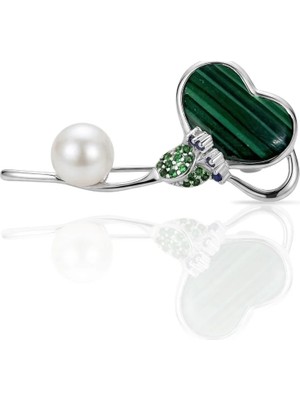 Oya Silver Malahit ve Inci Detaylı Kalp Tasarım Gümüş Broş 3.5x1.8 cm [OYSY244]