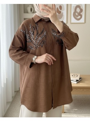 Modamorfo Önü Pul Payetli Uzun Gömlek    -Kahve