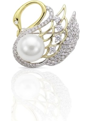 Oya Silver Inci Detaylı Kuğu Figürlü Zirkon Taşlı Gümüş Broş 2.2x2.3 cm [OYSY246]