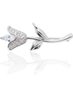 Oya Silver Beyaz Zirkon Taşlı Lale Gümüş Broş 3x1.1 cm [OYSY245]
