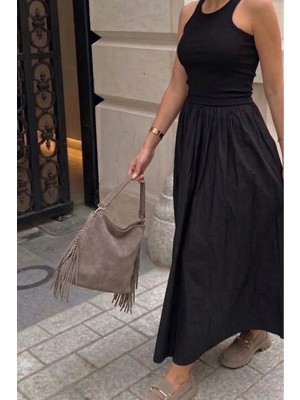 Marjin Kadın Hakiki Deri Püskül Detaylı El ve Omuz Çantası Soliga Vizon Süet