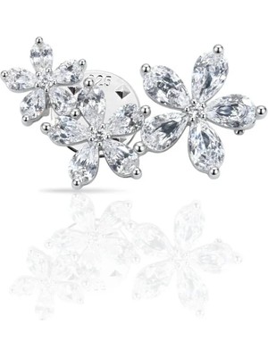 Oya Silver Baget Taşlı Üçlü Çiçek Gümüş Rozet 2.5x1.5 cm [OYSY254]