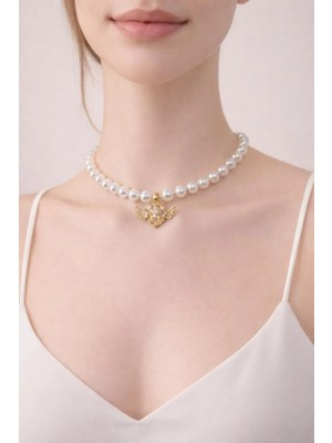 Blue Cat Bijouterie Melek Kanatlı Kalp Inci Choker