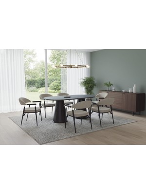 VETROWOOD Ada Yemek Masası Takımı 90 x 180 cm Silves (Krem) Mermer Desen - Siyah Ayak Lak Panel 6 Sandalyeli