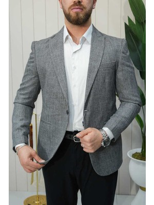 Beystil Sivri Yaka Hasır Gri Ceket - Slim Fit