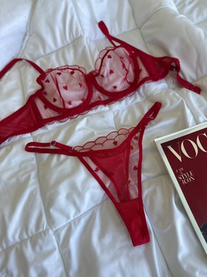 Ecs Butik Kalp Desenli Dantelli Balenli Bralet & Tanga Takımı Transparan Iç Giyim Seti