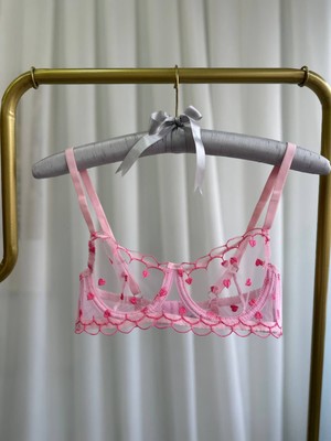 Ecs Butik Kalp Desenli Dantelli Balenli Bralet & Tanga Takımı Transparan Iç Giyim Seti