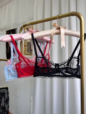 Ecs Butik Kalp Desenli Dantelli Balenli Bralet & Tanga Takımı Transparan Iç Giyim Seti