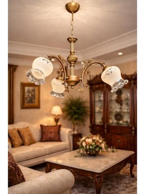 Dede Avize Üç Kollu Tulip Zamak Metal Avize Eskitme Kaplamalı Bal Rengi Camlı