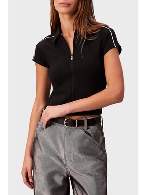 Calvin Klein Şerit Detaylı Slim Fit Fermuarlı Crop Polo LV047E212GUB1 Bayan Polo LV047E212G Ub1