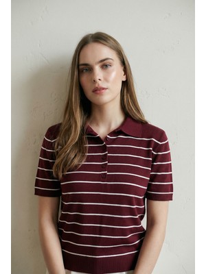 Shophia Polo Yaka Çizgili Kısa Kollu Kadın Triko Tişört