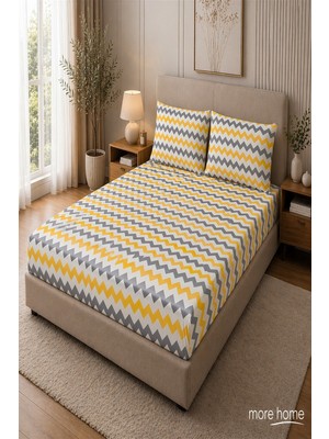 More Home Tek  Kişilik  Lastikli Çarşaf  + Yastık Kılıfı Zikzaklı Sarı Beyaz Gri