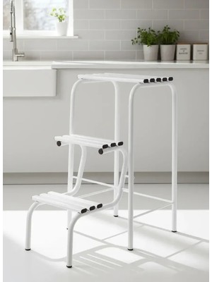 Evistro Metal Açılır Katlanır Tabureli Merdiven Sandalye Beyaz
