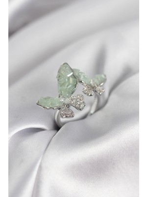 Datatek Gümüş Renk Su Yeşili Kelebek Model Zirkon Taşlı Kadın Yüzük