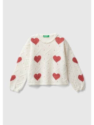 United Colors Of Benetton Kız Çocuk Ekru Kalp Desenli Büzgülü Manşet Detaylı Bisiklet Yaka Kazak
