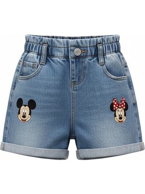 Butik Kız Çocuk Mickey Baskılı Bel Kısmı Lastikli Kot Şort