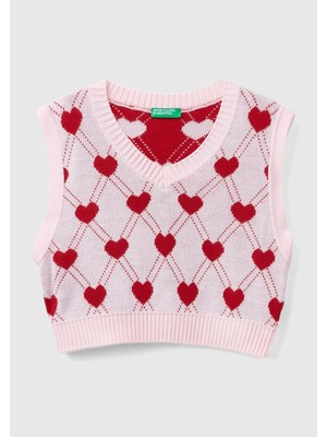 United Colors Of Benetton Kız Çocuk Açık Pembe Tamamı Kalp Desenli Kolsuz V Yaka Süveter