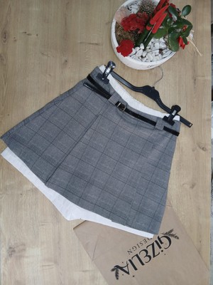 Gizelia Design Gri Kareli Kemerli Şort Etek