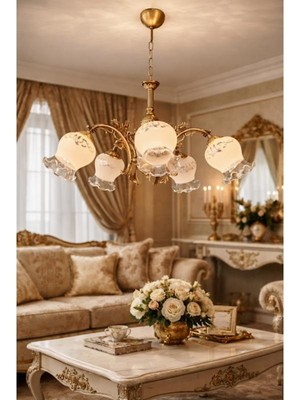 Dede Avize Beş Kollu Tulip Zamak Avize Eskitme Kaplamalı Bal Rengi Camlı