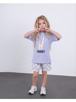 Cg Kids Rabbit Tavşan Baskılı Tshirt & Damalı Şort Lila Alt Üst Takım Süper Kalite