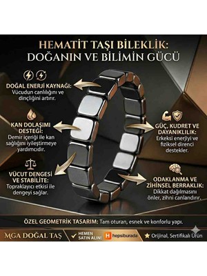 welmg Hematit Taşı Bileklik Doğal Taş 21 cm Erkekler İçin Düz Yüzeyli Şık Aksesuar