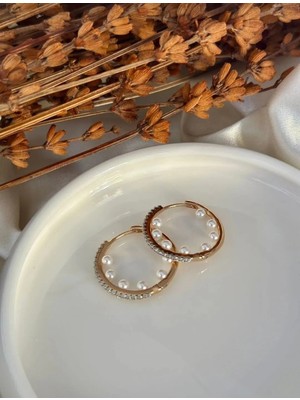 Premium Paslanmaz Çelik Incili Rose Gold Küpe