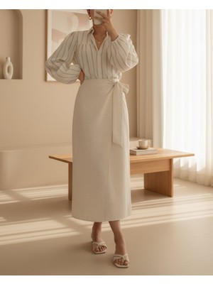 Modamorfo Önü Çift Kat Yandan Bağlamalı Keten Etek -Taş