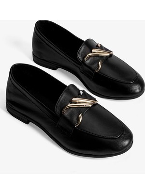 Mubiano Kadın Hakiki Deri Babet Altın Tokalı Şık Loafer Calore Siyah