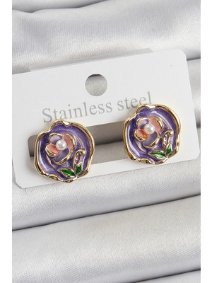 Datatek Pirinç Mor Mineli Çiçek Figürlü Sanatsal Portre Model Gold Renk Kadın Küpe