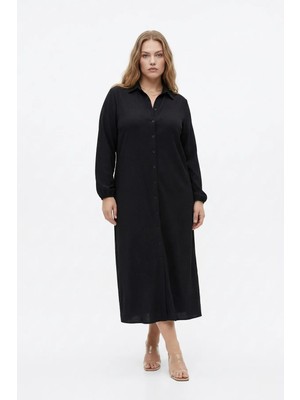 Bürümcük Kumaş Gömlek Yaka Boydan Düğmeli Uzun Elbise Tesettüre Uygun