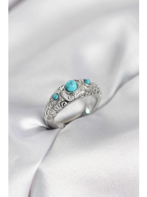 Renklime Vintage Model Mavi Taşlı Gümüş Renk Kadın Yüzük