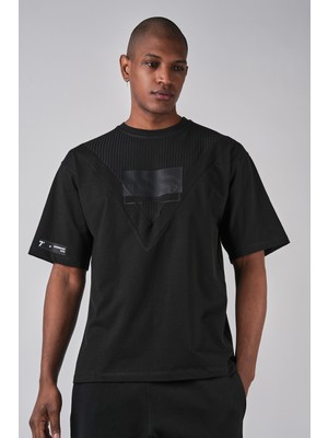 Ex-pent Kısa Kollu Siyah Renkli Kontrast Kumaşla Kombinli, Baskılı Modelli, Pamuklu T-Shirt